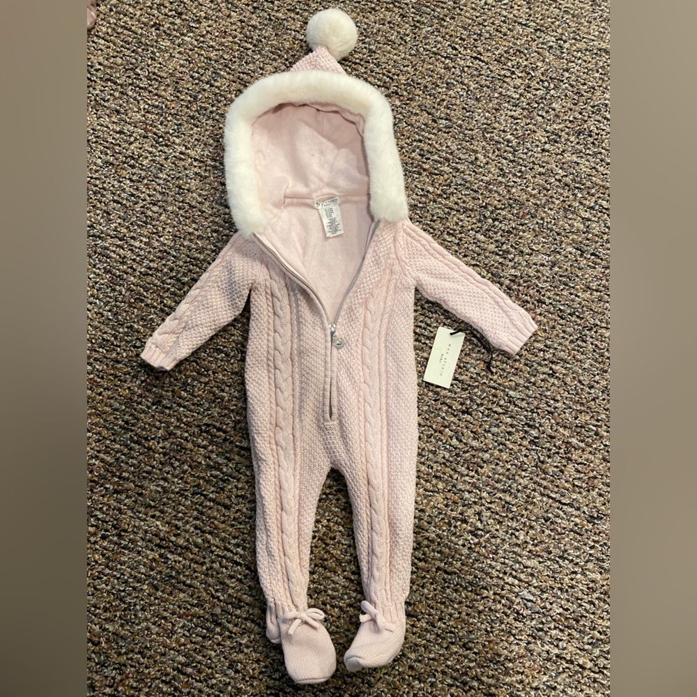 Max Studio Baby Knit Romper fur hoodie Blush pink one Piece